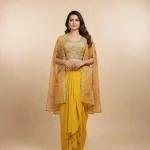 Women Georgette Crop Top, Draped Skirt & Ethnic Jacket Set