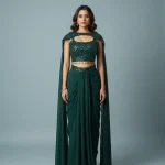 Women Sequin Crop Top, Draped Skirt & Cape Set